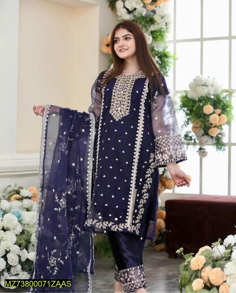 Women's 3-Piece Organza Embroidered Suit - Stitched Pakistani Dress | Urban Buy