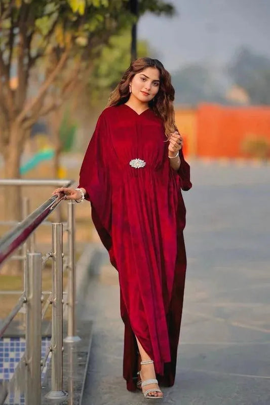 Women's Stitched Velvet Plain Kaftan Red - 1 Pc V-Neck Elegant Dress Pakistan | Premium Quality Velvet Fabric | Comfortable 50 Inch Length Kaftan | Stylish Plain Pattern Ladies Dress | Urban Buy Mall | Luxury Velvet Clothing | Pakistani Stitched Fashion