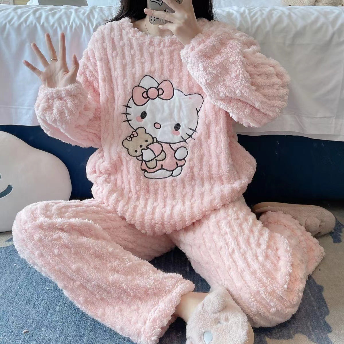 Hello Kitty Coral Fleece Pajamas Set - Winter Warm Flannel Sleepwear | Urban Buy