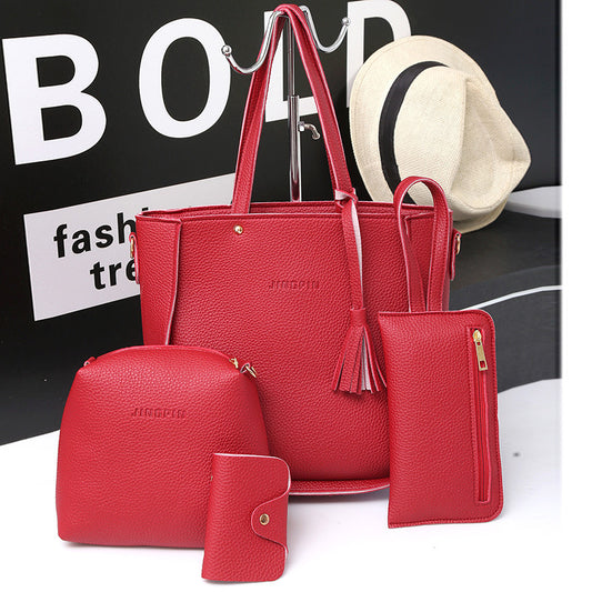 Women's Fashion Handbag 4-Piece Set Red - Litchi Pattern Shoulder Bag | Versatile Mother Bag with Crossbody & Clutch | Premium PU Leather Bags Collection | Stylish Multi-Purpose Handbag Set | Perfect Gift for Women | Affordable Luxury Bags | Urban Buy