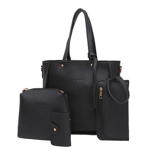 Women's Fashion Handbag 4-Piece Set Black - Litchi Pattern Shoulder Bag | Versatile Mother Bag with Crossbody & Clutch | Premium PU Leather Bags Collection | Stylish Multi-Purpose Handbag Set | Perfect Gift for Women | Affordable Luxury Bags | Urban Buy