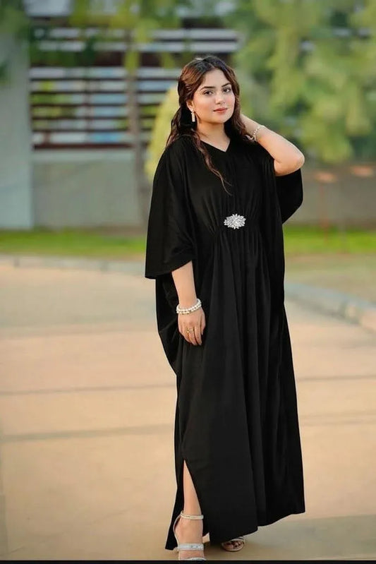 Women's Stitched Velvet Plain Kaftan Black - 1 Pc V-Neck Elegant Dress Pakistan | Premium Quality Velvet Fabric | Comfortable 50 Inch Length Kaftan | Stylish Plain Pattern Ladies Dress | Urban Buy Mall | Luxury Velvet Clothing
