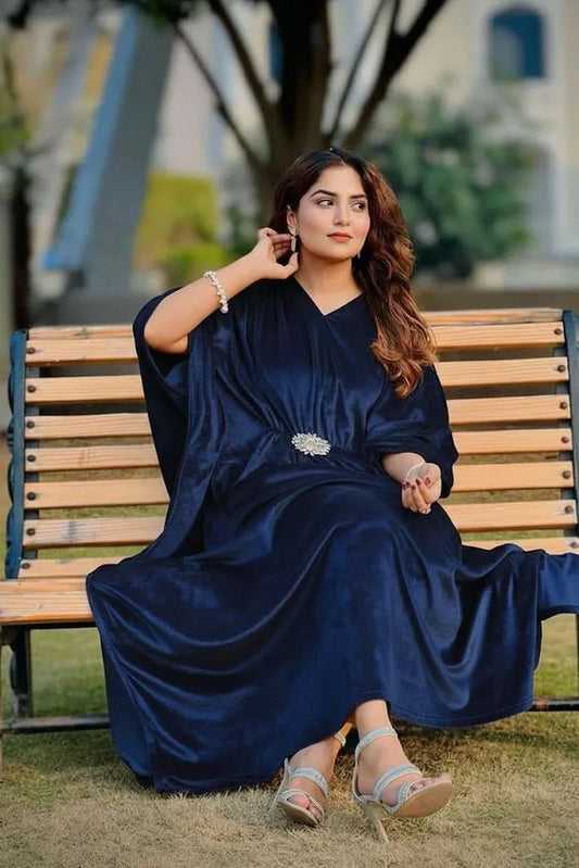 Women's Stitched Velvet Plain Kaftan Blue - 1 Pc V-Neck Elegant Dress Pakistan | Premium Quality Velvet Fabric | Comfortable 50 Inch Length Kaftan | Stylish Plain Pattern Ladies Dress | Urban Buy Mall | Luxury Velvet Clothing | Pakistani Stitched Fashion
