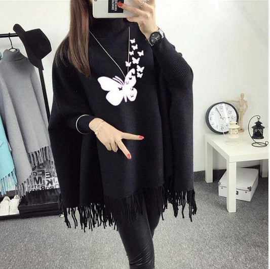 Women's Polyester Butterfly Printed Poncho Cape Shawl - Elegant Black Design for Winter Fashion | Lightweight Comfortable Wrap | Premium Quality Fabric | Perfect for Casual & Formal Occasions | Stylish Butterfly Print Pattern | Affordable Luxury Shawl |