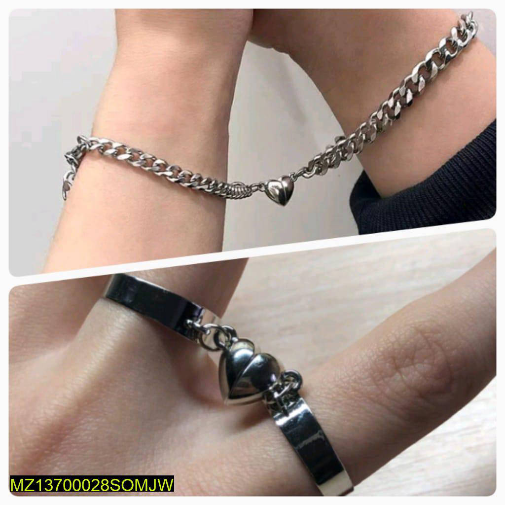 Trendy Couple's Alloy Silver Plated Ring And Bracelet Set - 4 Piece Matching Jewelry | Urban Buy Mall