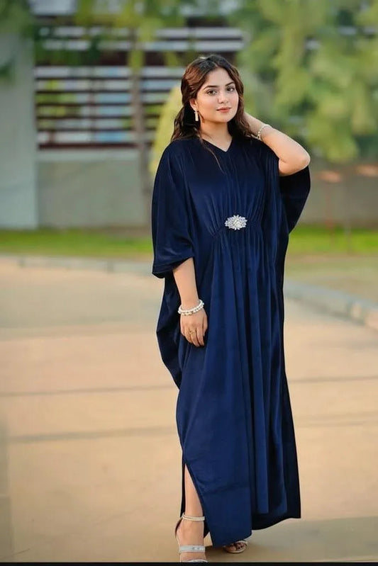 Women's Stitched Velvet Plain Kaftan Blue - 1 Pc V-Neck Elegant Dress Pakistan | Premium Quality Velvet Fabric | Comfortable 50 Inch Length Kaftan | Stylish Plain Pattern Ladies Dress | Urban Buy Mall | Luxury Velvet Clothing | Pakistani Stitched Fashion