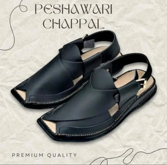 Men's PU Leather Peshawari Chappal Black - Traditional Handmade Sandals Pakistan | Urban Buy Mall | Plain Pattern Fancy Footwear | Comfortable Casual Chappals | Premium Quality PU Leather | Stylish Men's Summer Shoes | Traditional Pakistani Sandals