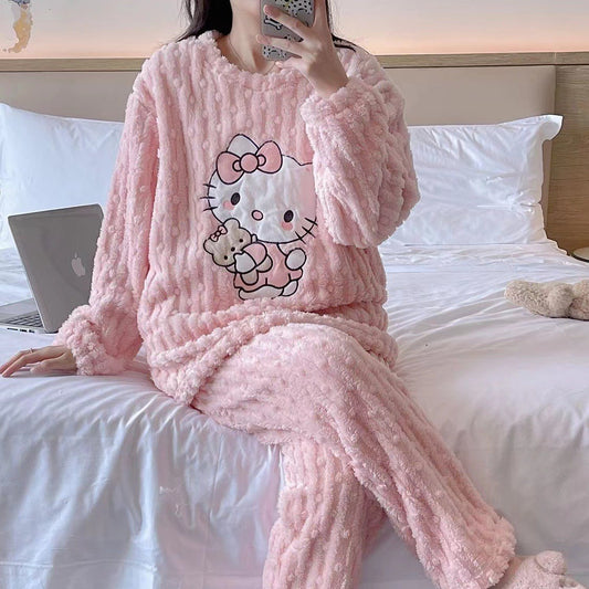Hello Kitty Coral Fleece Pajamas Set - Winter Warm Flannel Sleepwear | Urban Buy