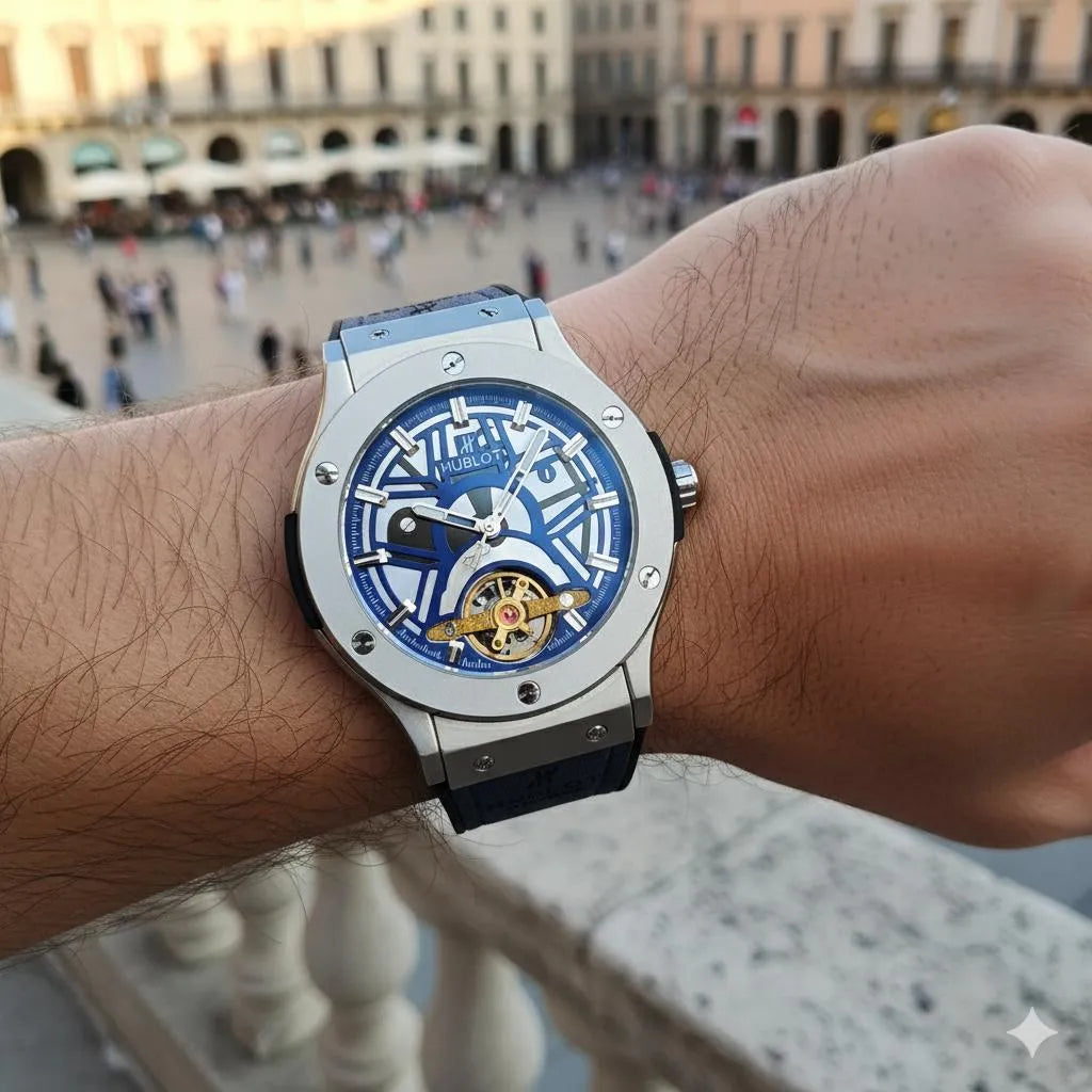 Hublot Style Blue Skeleton Dial Quartz Watch - Steel Case & Blue/Black Strap - Urban Buy Mall