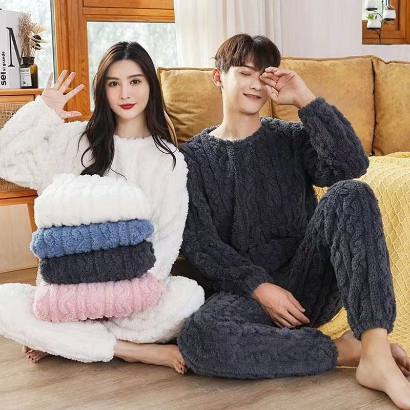 2025 New-Winter Unisex Solid Color Jacquard Flannel Warm Suit Thickened Thermal Couple Loungewear-Urban Buy