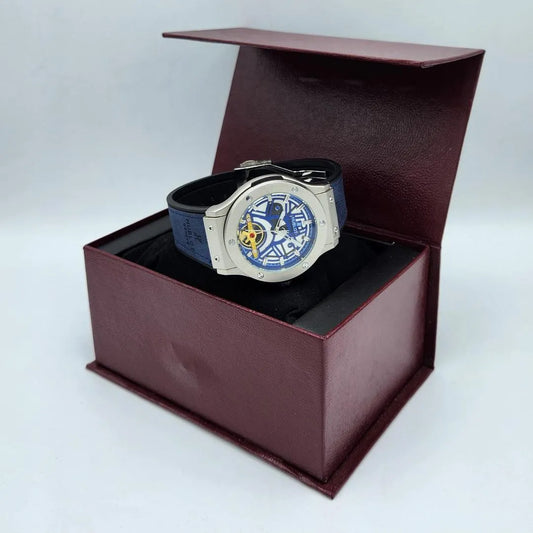 Hublot Style Blue Skeleton Dial Quartz Watch - Steel Case & Blue/Black Strap - Urban Buy Mall