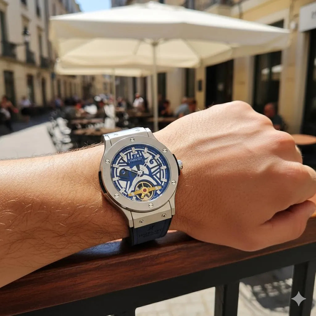 Hublot Style Blue Skeleton Dial Quartz Watch - Steel Case & Blue/Black Strap - Urban Buy Mall