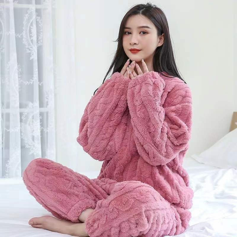 2025 New-Winter Unisex Solid Color Jacquard Flannel Warm Suit Thickened Thermal Couple Loungewear-Urban Buy