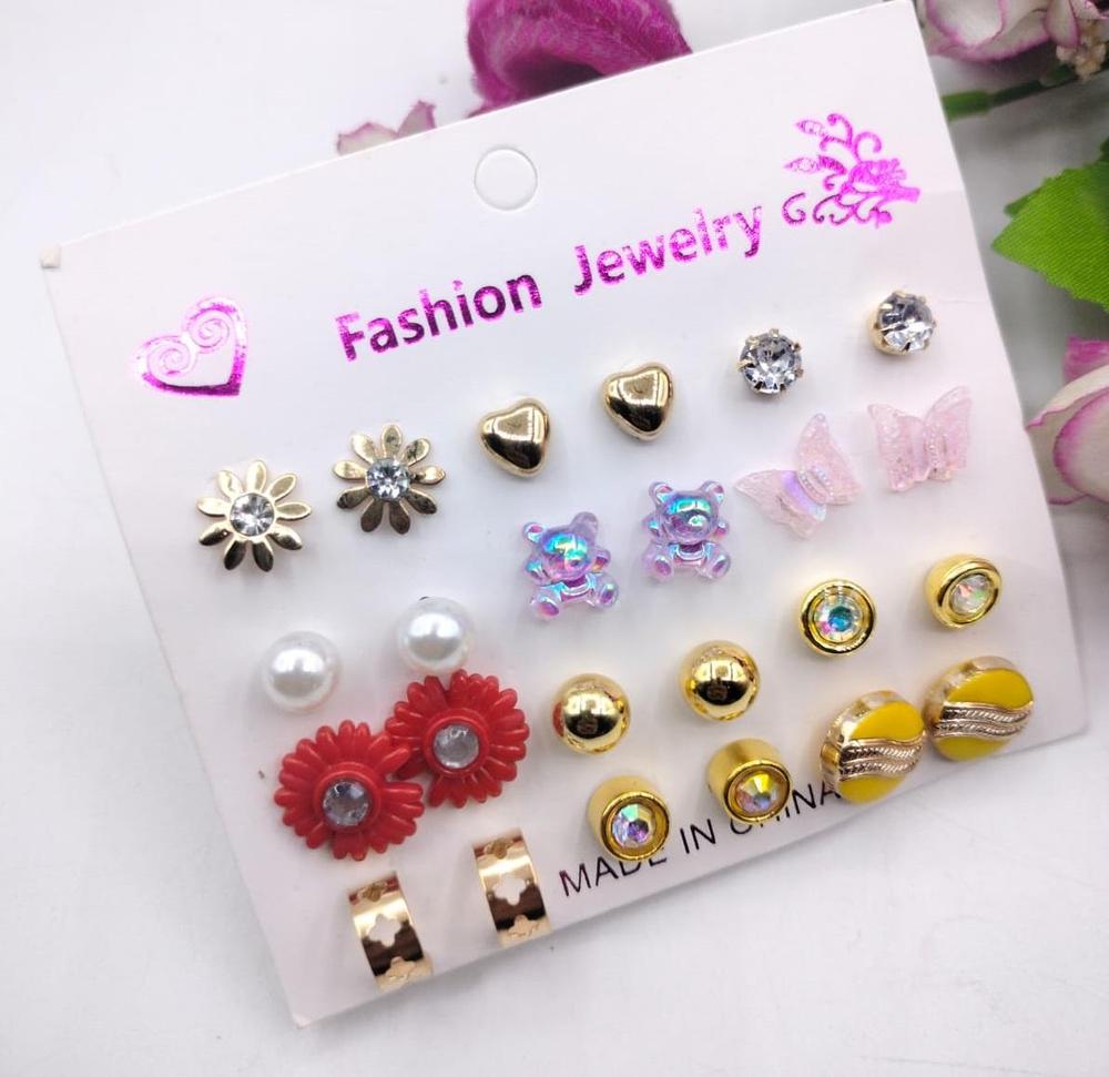 Trendy Artificial Stones Ear Studs Red - Pack of 12 Fashion Earrings