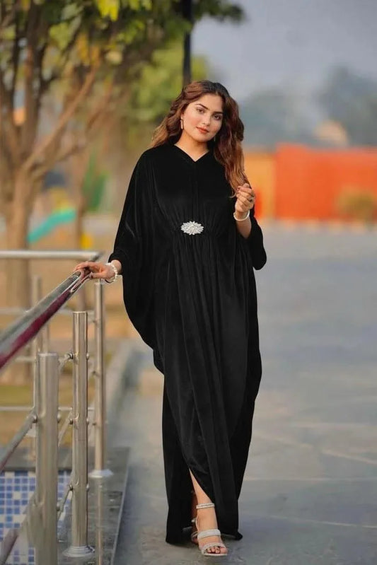 Women's Stitched Velvet Plain Kaftan Black  - 1 Pc V-Neck Elegant Dress Pakistan | Premium Quality Velvet Fabric | Comfortable 50 Inch Length Kaftan | Stylish Plain Pattern Ladies Dress | Urban Buy Mall | Luxury Velvet Clothing