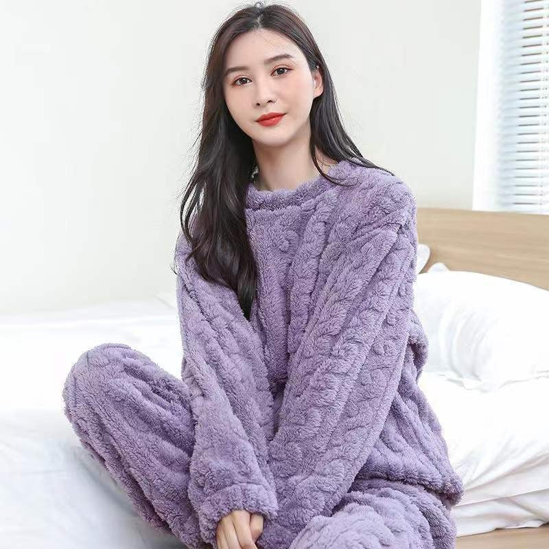 2025 New-Winter Unisex Solid Color Jacquard Flannel Warm Suit Thickened Thermal Couple Loungewear-Urban Buy
