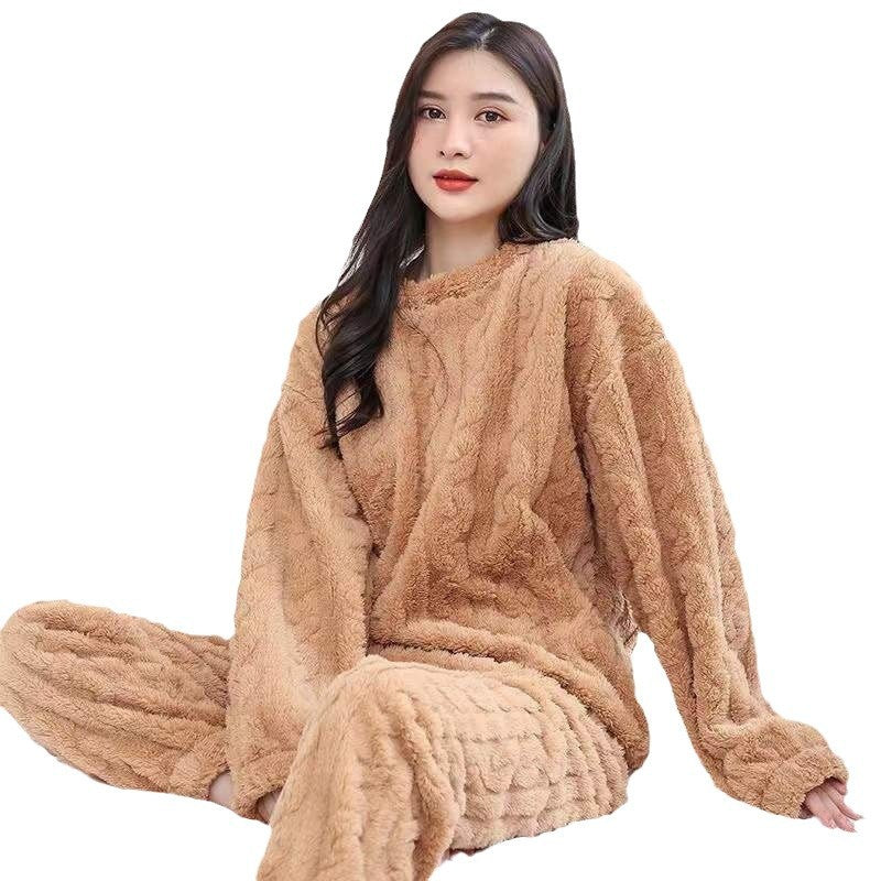 2025 New-Winter Unisex Solid Color Jacquard Flannel Warm Suit Thickened Thermal Couple Loungewear-Urban Buy