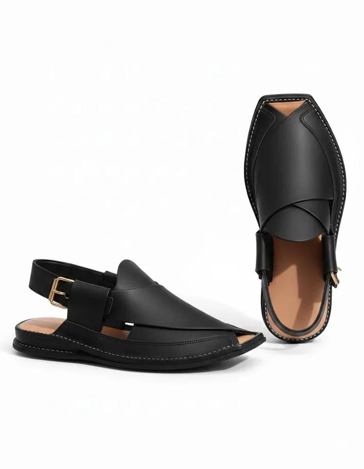 Black T Shape Peshawar Zalmi Chappal – 09291 PU Leather Textured