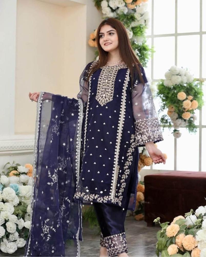 Women's 3-Piece Organza Embroidered Suit - Stitched Pakistani Dress | Urban Buy