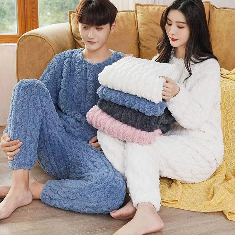 2025 New-Winter Unisex Solid Color Jacquard Flannel Warm Suit Thickened Thermal Couple Loungewear-Urban Buy