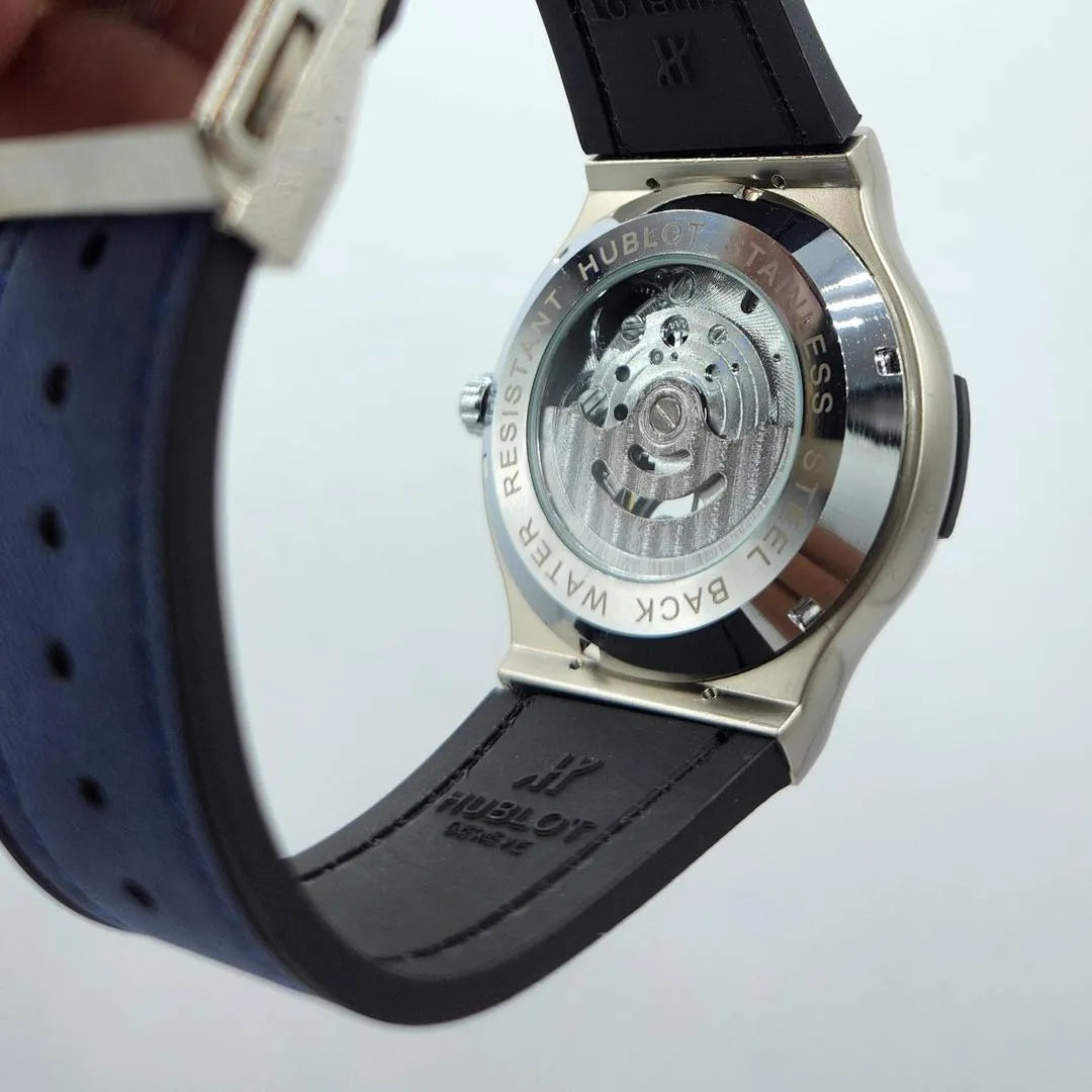 Hublot Style Blue Skeleton Dial Quartz Watch - Steel Case & Blue/Black Strap - Urban Buy Mall