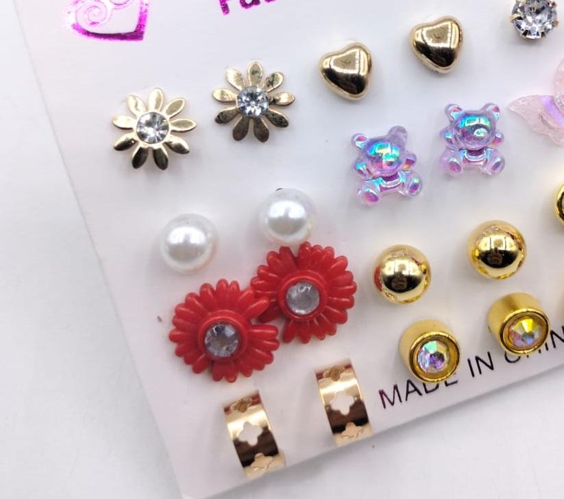 Trendy Artificial Stones Ear Studs Red - Pack of 12 Fashion Earrings