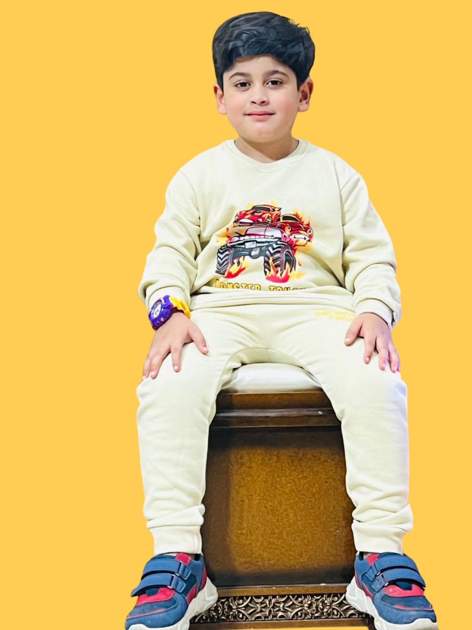 Kids Beige Truck Cotton Fleece Twinset - Warm 2 Piece Winter Set | Urban Buy