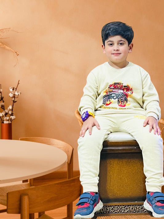 Kids Beige Truck Cotton Fleece Twinset - Warm 2 Piece Winter Set | Urban Buy