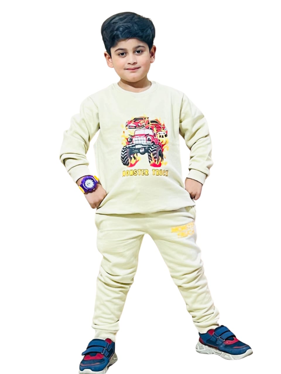 Kids Beige Truck Cotton Fleece Twinset - Warm 2 Piece Winter Set | Urban Buy