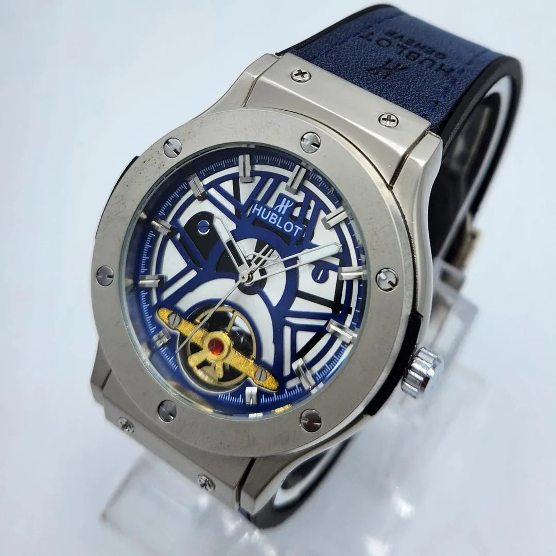 Hublot Style Blue Skeleton Dial Quartz Watch - Steel Case & Blue/Black Strap - Urban Buy Mall