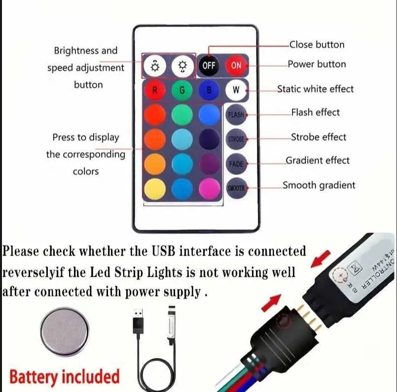 Multicolor LED USB Light Strip 16.4 FT with Remote Control - RGB Color Changing Lights