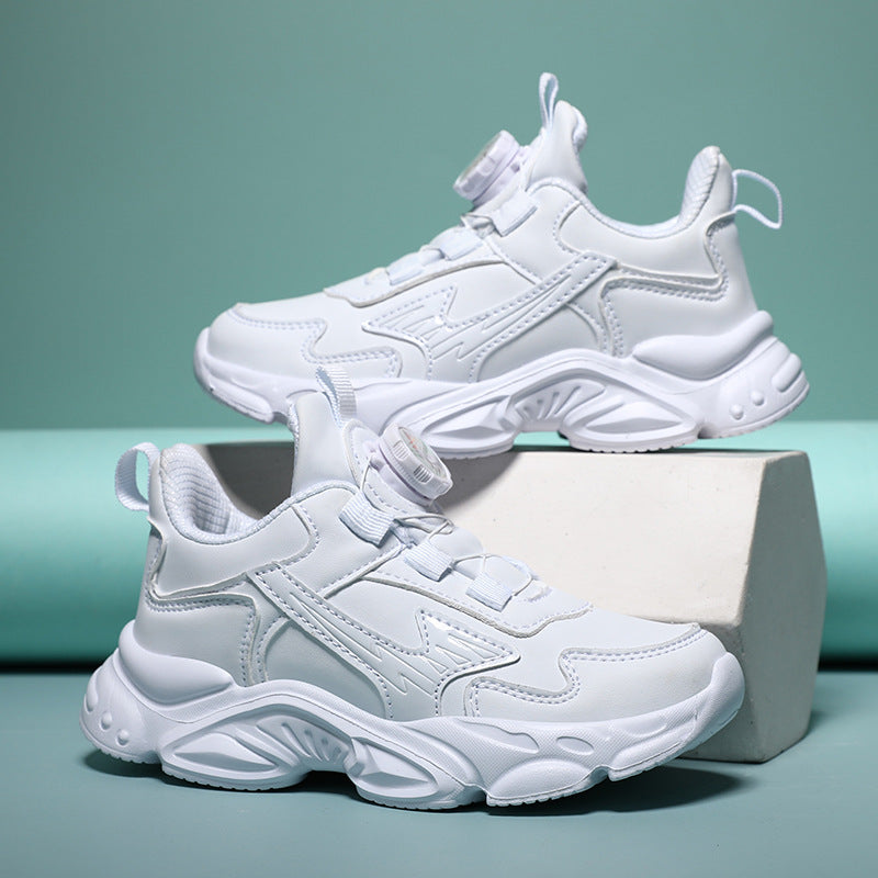 Children's white sneaker shoes for students and boys small white shoes with rotating buttons running shoes for girls & Boys -Urban Buy Mall