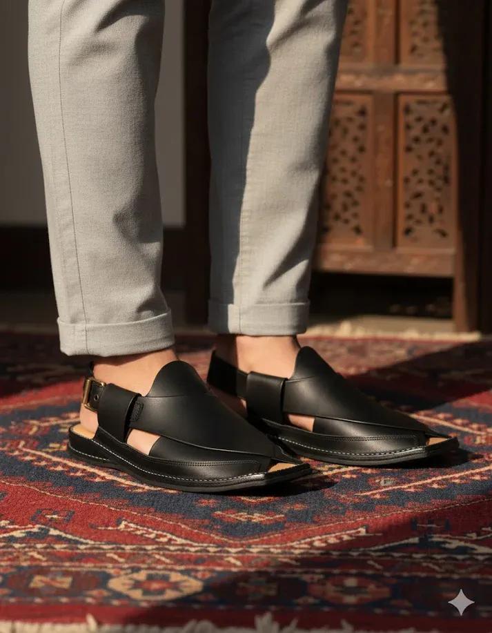 Black T Shape Peshawar Zalmi Chappal – 09291
PU Leather Textured Peshawari Chappal