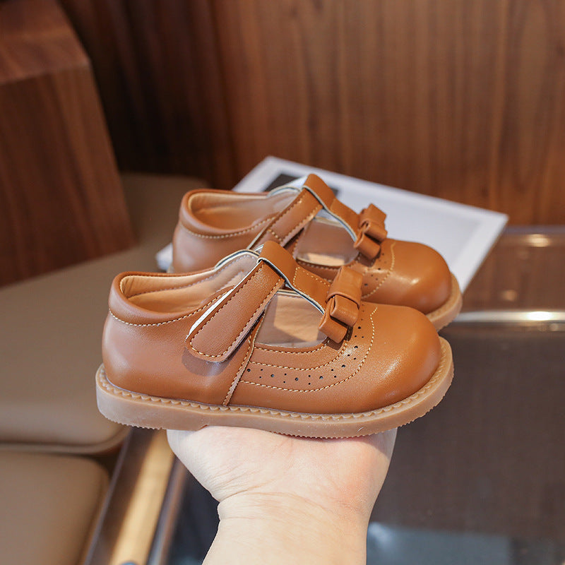 Spring New Children's Leather Shoes Korean Style Soft Sole Bow Girls' Shoes Fashion Velcro Casual Shoes - Urban Buy