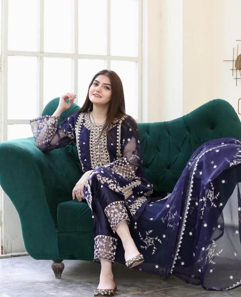 Women's 3-Piece Organza Embroidered Suit - Stitched Pakistani Dress | Urban Buy