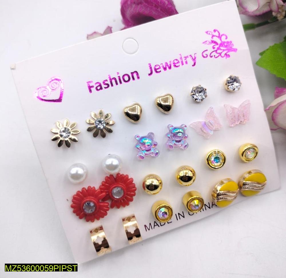 Trendy Artificial Stones Ear Studs Red - Pack of 12 Fashion Earrings