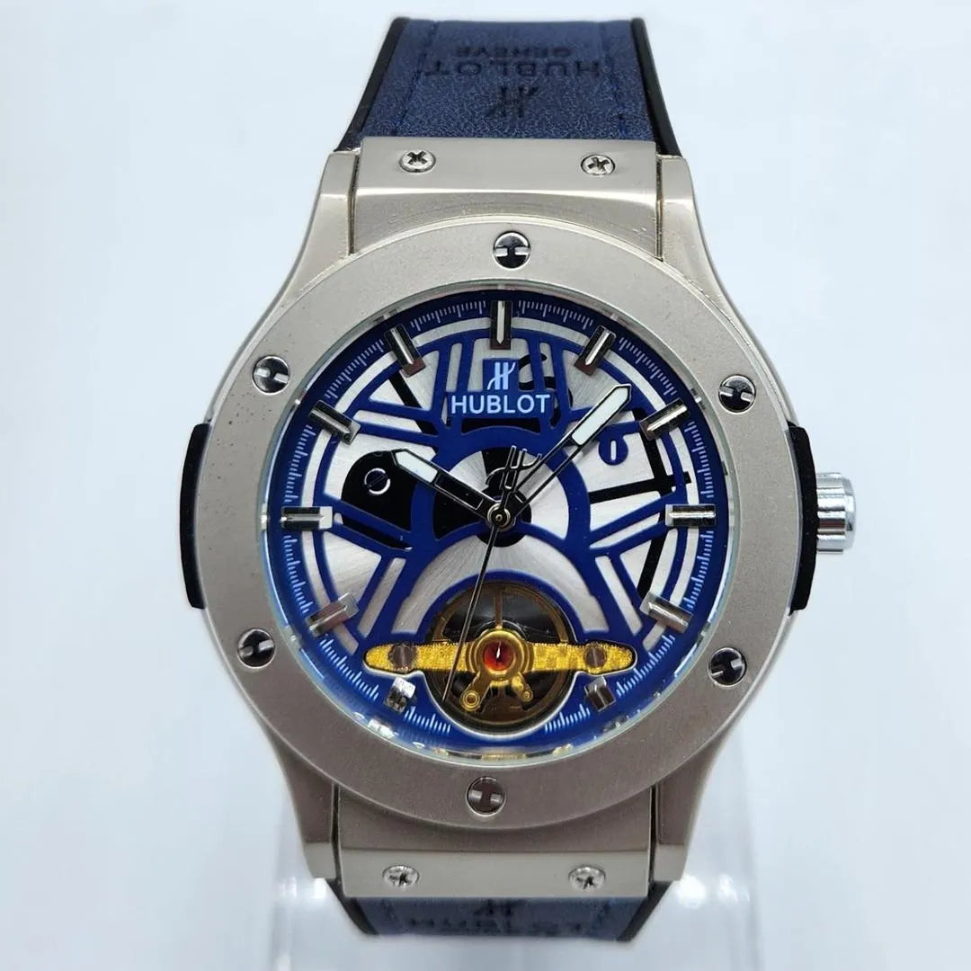 Hublot Style Blue Skeleton Dial Quartz Watch - Steel Case & Blue/Black Strap - Urban Buy Mall