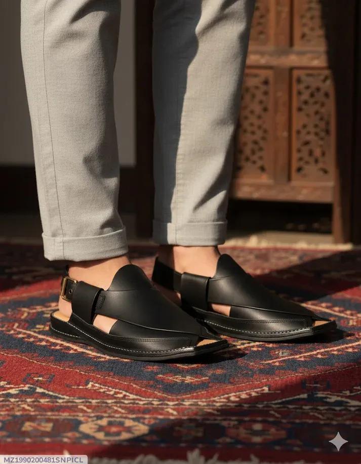 Black T Shape Peshawar Zalmi Chappal – 09291
PU Leather Textured Peshawari Chappal